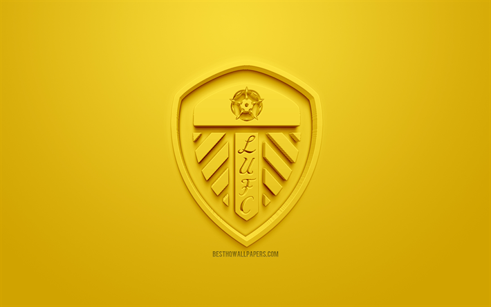 Leeds United FC, الإبداعية شعار 3D, خلفية صفراء, 3d شعار, الإنجليزية لكرة القدم, EFL البطولة, ليدز, إنجلترا, المملكة المتحدة, الإنجليزية لكرة القدم بطولة الدوري, الفن 3d, كرة القدم, شعار 3d