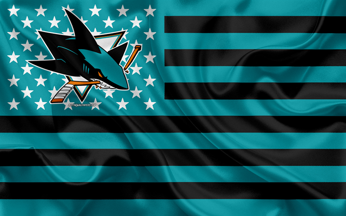 San Jose Sharks, de la American hockey club, American creativo de la bandera, de color turquesa negro de la bandera, NHL, San Jos&#233;, California, estados UNIDOS, logotipo, emblema, bandera de seda, Liga Nacional de Hockey, hockey