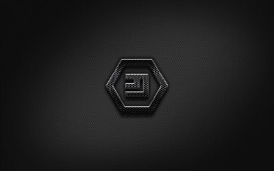 emercoin schwarz logo, kryptogeld -, grid-metal-hintergrund, emercoin, artwork, kreativ, kryptogeld zeichen, emercoin logo