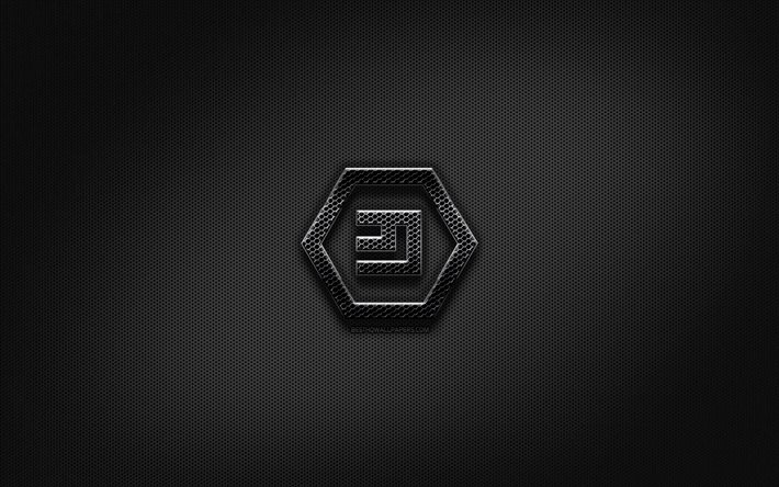Emercoin black logo, cryptocurrency, grid metal background, Emercoin, artwork, creative, cryptocurrency signs, Emercoin logo