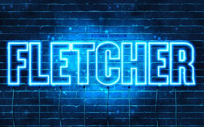 Fletcher, 4k, taustakuvia nimet, vaakasuuntainen teksti, Fletcher nimi, blue neon valot, kuva Fletcher nimi