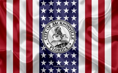 ジャクソンビルシール, 4k, シルクの質感, アメリカのフラグ, 米国, ジャクソンビル, フロリダ, アメリカの市, シール、ジャクソンビル, 絹の旗を