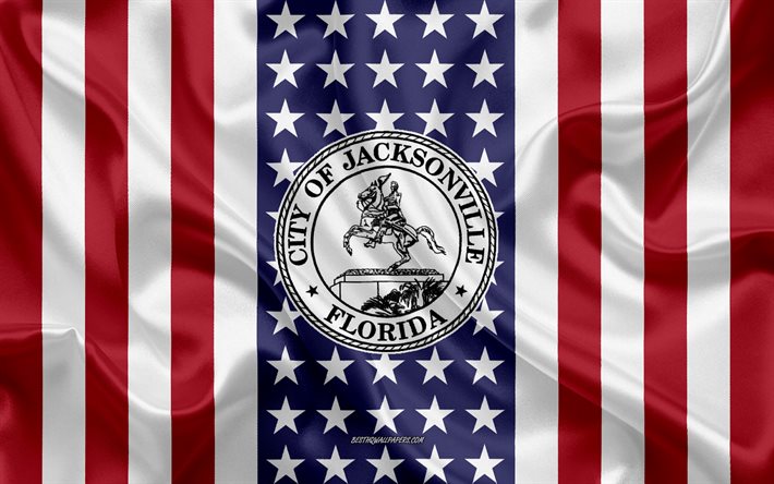 Jacksonville T&#228;tning, 4k, siden konsistens, Amerikanska Flaggan, USA, Jacksonville, Florida, Amerikansk Stad, T&#228;tning av Jacksonville, silk flag