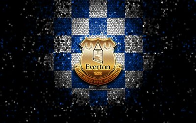 L&#39;Everton FC, glitter, logo, Premier League, blu, bianco, sfondo a scacchi, calcio, FC Everton, club di calcio inglese, l&#39;Everton, mosaico, arte, Inghilterra