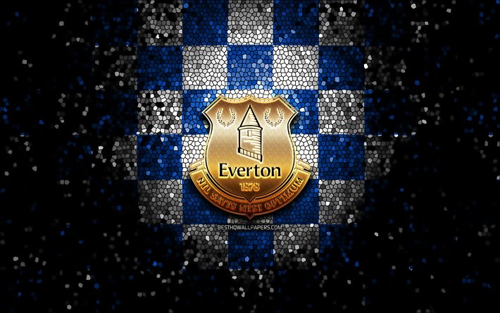 O Everton FC, glitter logotipo, Premier League, azul, branca, fundo quadriculado, futebol, clube de futebol ingl&#234;s, Everton logotipo, arte em mosaico, Inglaterra