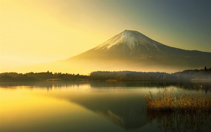 O Monte Fuji, Lago Yamanaka, manh&#227;, montanhas, vulc&#227;o, Fujisan, nevoeiro, Fujiyama, &#193;sia, japon&#234;s marcos, Jap&#227;o, HDR