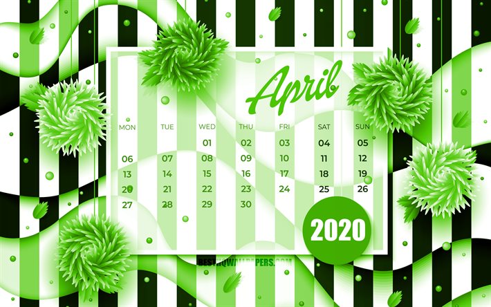 نيسان / أبريل عام 2020 التقويم, 4k, الأخضر 3D الزهور, 2020 التقويم, الربيع التقويمات, نيسان / أبريل عام 2020, الإبداعية, نيسان / أبريل عام 2020 التقويم مع الزهور, التقويم نيسان / أبريل عام 2020, العمل الفني, 2020 التقويمات, 2020 نيسان / أبريل التقويم