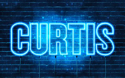 Curtis, 4k, isimler, yatay metin ile duvar kağıtları, Curtis adıyla, mavi neon ışıkları, resim Curtis
