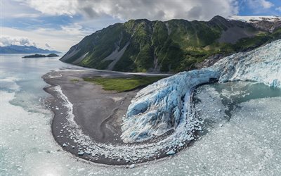 ghiacciaio, costa, paesaggio di montagna, ghiaccio, primavera, Alaska, USA
