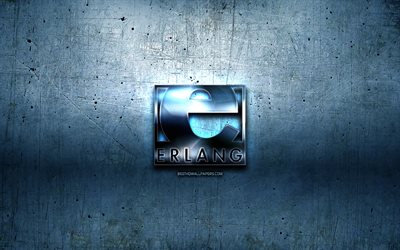 Erlang metal logo, grunge, programming language signs, blue metal background, Erlang, creative, programming language, Erlang logo