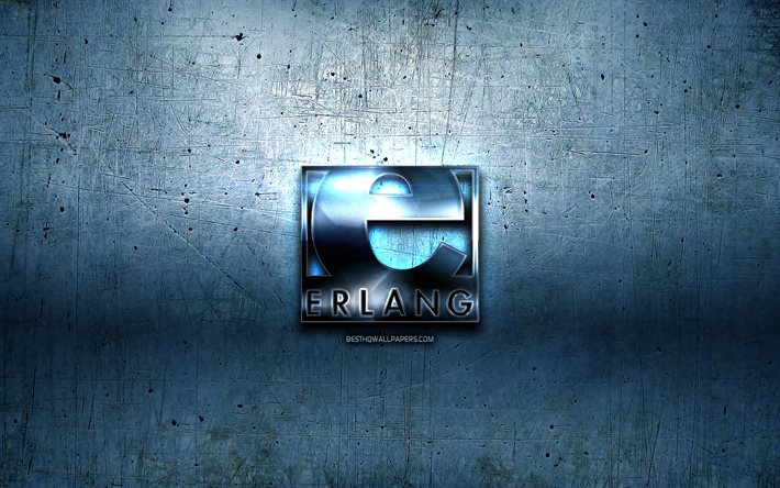 Erlang logo in metallo, grunge, linguaggio di programmazione segni, blu, metallo, sfondo, Erlang, creativo, linguaggio di programmazione, Erlang logo