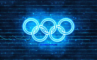 Blue Olympic Rings, 4k, blue brickwall, Olympic rings sign, olympic symbols, Neon Olympic rings, Olympic rings