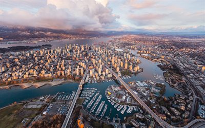 Vancouver, aero view, evening, sunset, view from above, cityscape, skyline, coastal seaport city, British Columbia, Canada