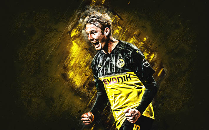 Julian Brandt, Borussia Dortmund, Saksan jalkapalloilija, BVB, muotokuva, keltainen kivi tausta, Bundesliiga, Saksa