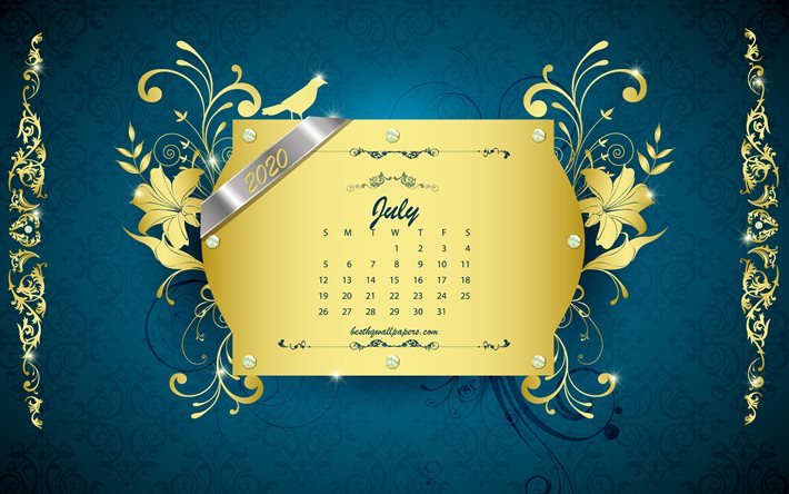 2020 juli kalender, vintage bl&#229; bakgrund, 2020 sommaren kalendrar, retro konst, gyllene ornament, Juli 2020 Kalender, v&#229;ren, Juli