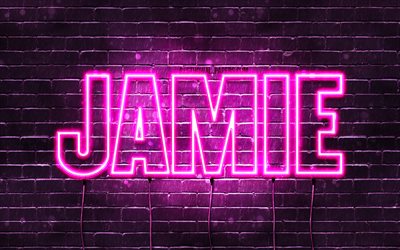 Jamie, 4k, wallpapers with names, female names, Jamie name, purple neon lights, horizontal text, picture with Jamie name