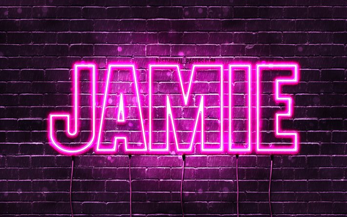 Jamie, 4k, fondos de pantalla con los nombres, los nombres femeninos, Jamie nombre, p&#250;rpura luces de ne&#243;n, el texto horizontal, imagen con Jamie nombre