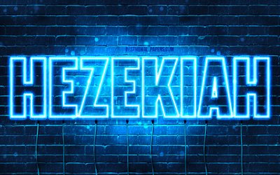 Hezekiah, 4k, 壁紙名, テキストの水平, Hezekiah名, 青色のネオン, 写真Hezekiah名