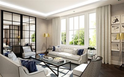 soggiorno di progetto, design moderno, in stile inglese, soggiorno, divani bianchi