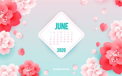 Çiçekler, Haziran 2020 Takvim, kağıt çiçekler ile Haziran 2020 Takvim, pembe çiçekler, bahar, sanat, Haziran, 2020 yaz takvimleri, yaz arka plan