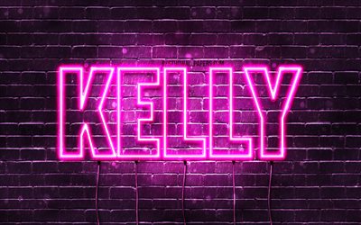 Kelly, 4k, isimler Kelly adıyla, Bayan isimleri, Kelly adı, mor neon ışıkları, yatay metin, resim ile duvar kağıtları