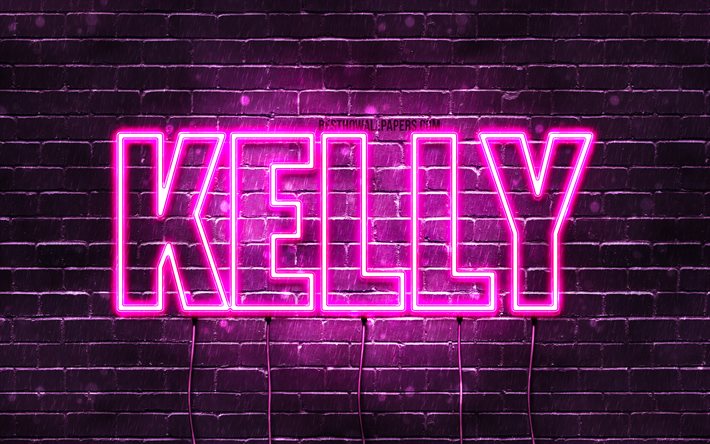 Kelly, 4k, wallpapers with names, female names, Kelly name, purple neon lights, horizontal text, picture with Kelly name