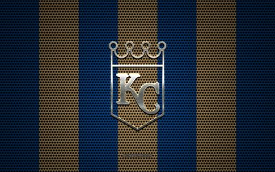 Kansas City Royals logo, American baseball club, metal emblem, blue gold metal mesh background, Kansas City Royals, MLB, Kansas City, Missouri, USA, baseball