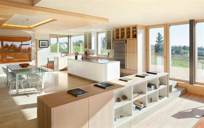 elegante design de interiores, espa&#231;o aberto, sala de estar, sala de jantar, cozinha, luz de madeira no interior, estilo loft, um design interior moderno