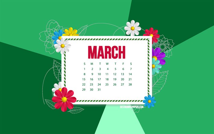 2020 March Calendar, green background, frame with flowers, 2020 spring calendars, March, flowers art, March 2020 calendar