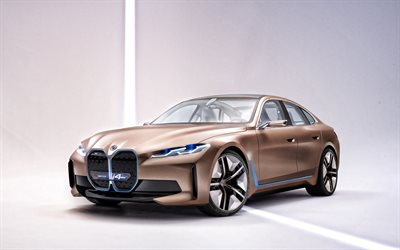2020, BMW i4 Concetto, berlina elettrica di vista frontale, esterno, di bronzo (i4, tedesco, elettrico, auto, BMW