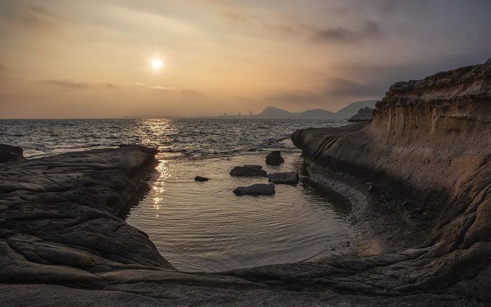 Cabo de las Huertas, Alicante, Deniz, sahil, G&#252;n batımı, akşam, plaj, yaz, Valencia, Spain