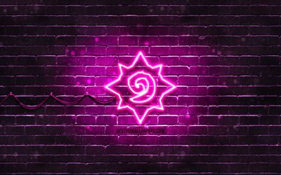 Hearthstone purple logo, 4k, purple brickwall, Hearthstone logo, 2020 games, Hearthstone neon logo, Hearthstone