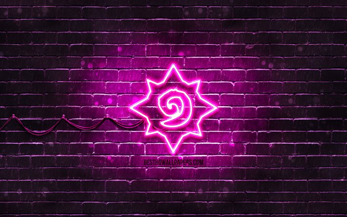 Hearthstone violette logo, 4k, violet brickwall, Hearthstone logo, jeux de 2020, Hearthstone n&#233;on logo, Hearthstone