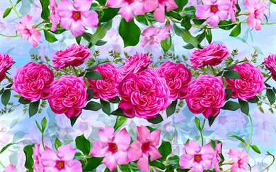 bakgrund med rosa rosor, blommig struktur, m&#229;lade rosa rosor, blommor bakgrund, rosor bakgrund, rosor konsistens