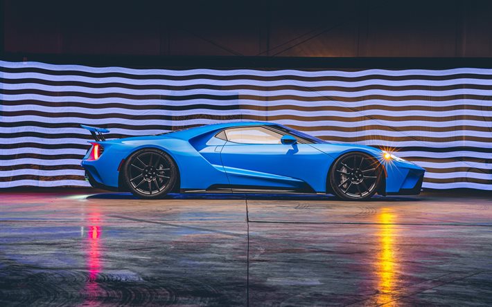 Ford GT, H040, side view, exterior, blue sports coupe, Ford GT Riviera Blue, racing car, tuning Ford GT, american sports cars, Ford, new blue Ford GT