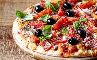 pizza, snabbmat, pizza med korv och oliver, god mat