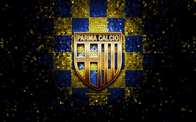 Parma FC, glitter logo, Serie A, blue yellow checkered background, soccer, Parma Calcio 1913, italian football club, Parma logo, mosaic art, football, Italy