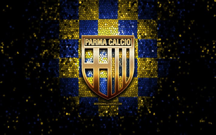 Parma FC, glitter logotyp, Serien, bl&#229; gul rutig bakgrund, fotboll, Parma Fotboll 1913, italiensk fotboll club, Parma logotyp, mosaik konst, Italien