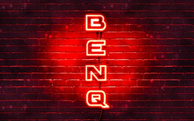 4K, BenQ rouge logo, texte vertical, rouge brickwall, BenQ n&#233;on logo, cr&#233;atif, BenQ, logo, illustration