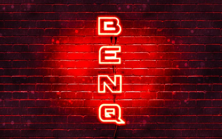 4K, BenQ kırmızı logo, dikey metin, kırmızı brickwall, BenQ neon logo, yaratıcı, BenQ logo, resimler, BenQ