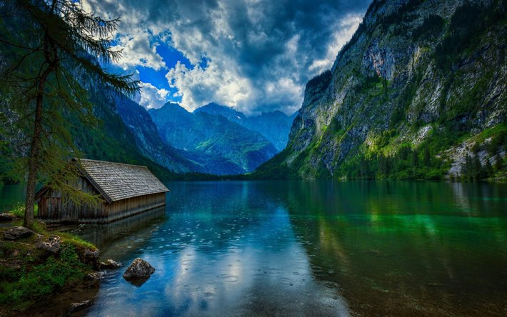 Obersee, Berchtesgaden National Park, Konigssee, mountain lake, mountain landscape, evening, sunset, rain, Berchtesgadener Land, Germany