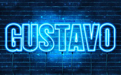 غوستافو, 4k, خلفيات أسماء, نص أفقي, غوستافو اسم, الأزرق أضواء النيون, صورة مع غوستافو اسم
