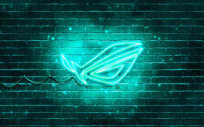 ROG turquoise logo, 4k, turquoise brickwall, Republic Of Gamers, ROG logo, brands, ROG neon logo, ROG