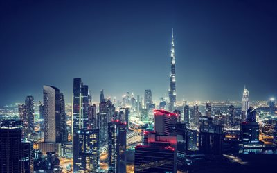 4k, Burj Khalifa, nightscapes, g&#246;kdelenler, Birleşik Arap Emirlikleri, şehir, Dubai, Dubai gece