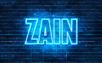 Zain, 4k, les papiers peints avec les noms, le texte horizontal, Zain nom, bleu n&#233;on, photo avec Zain nom