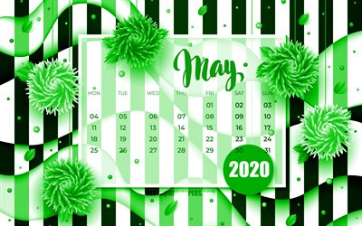 mai 2020 kalender, 4k, gr&#252;n 3d blumen, 2020 kalender, fr&#252;hling, kalender, mai 2020, kreativ, mai 2020-kalender mit blumen kalender mai 2020, kunstwerk, 2020 kann kalender