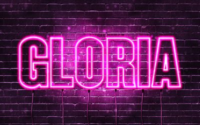 Gloria, 4k, wallpapers with names, female names, Gloria name, purple neon lights, horizontal text, picture with Gloria name