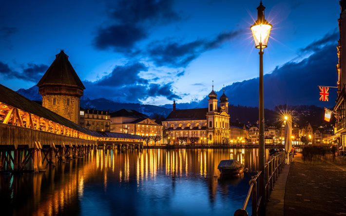 Lucerne, 4k, Reuss River, nightscapes, street, swiss cities, Wasserturm, Switzerland, Europe, Lucerne at night