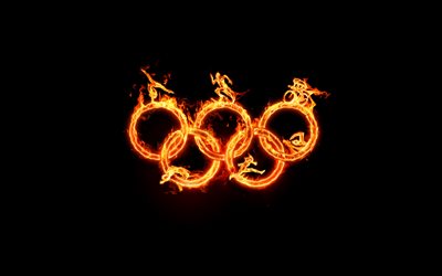 4k, オリンピックリング, 燃えるようなネオンリング, 作品, 創造, オリンピック記号, 火をオリンピックリング