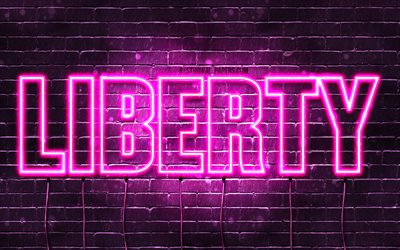 Frihet, 4k, tapeter med namn, kvinnliga namn, Liberty namn, lila neon lights, &#246;vergripande text, bild p&#229; frihetens namn